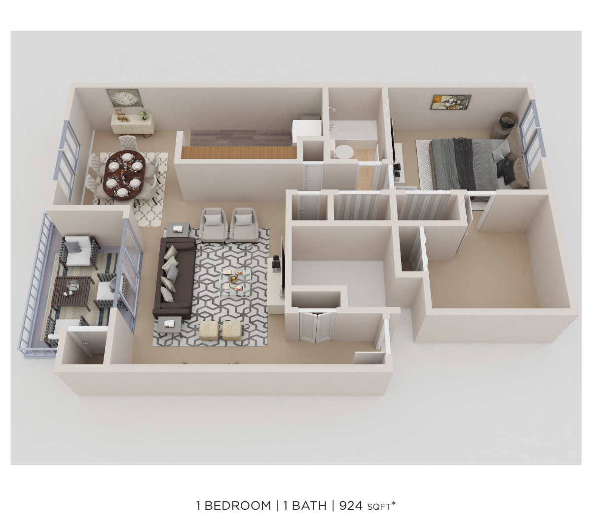 Floor plan for 1 bed, 1 bath, 924 sqft