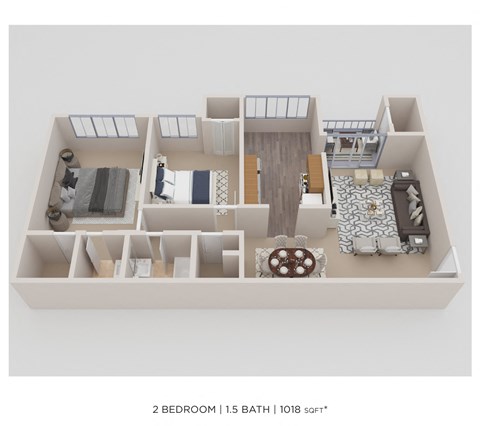 Floor plan for 2 beds, 1.5 baths, 1018 sqft