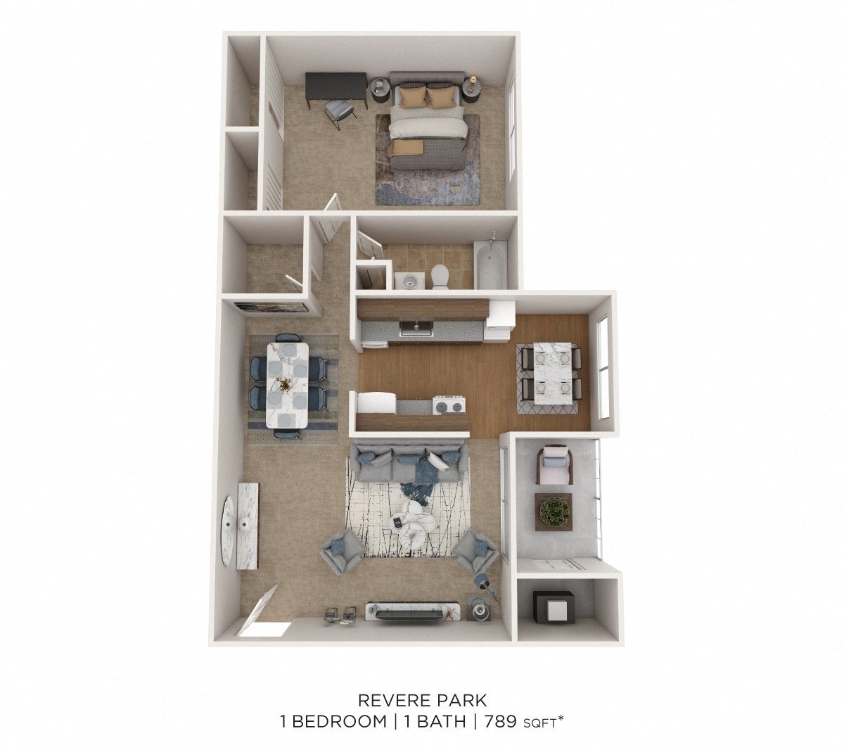 Floor plan for 1 bed, 1 bath, 789 sqft