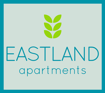 Evansville apartment for rent - A logo for Eastland Apartments featuring a green leaf.