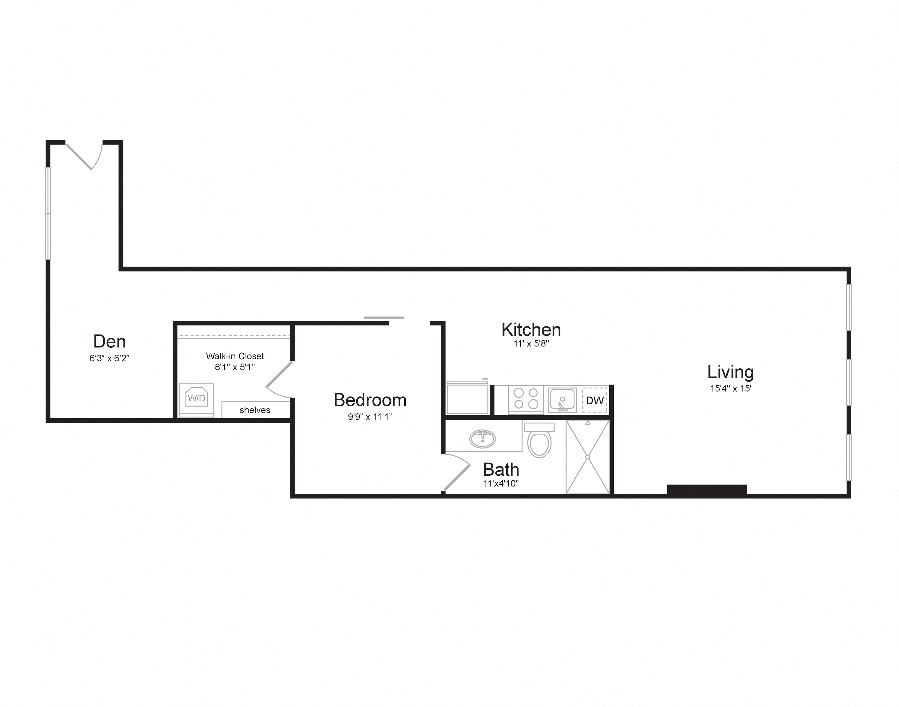 Floor plan for 1 bed, 1 bath, 787 sqft