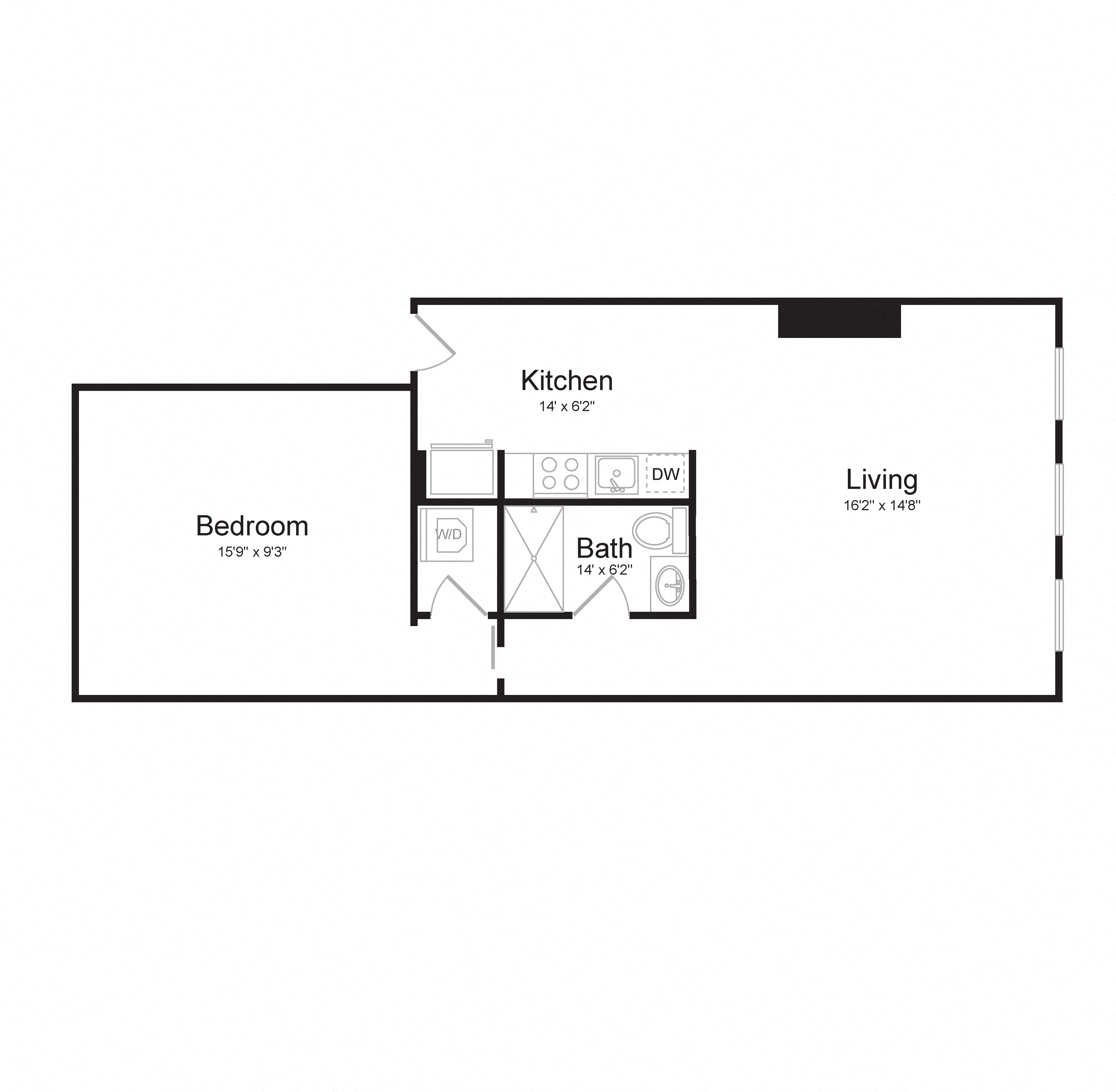 Floor plan for 1 bed, 1 bath, 618 sqft