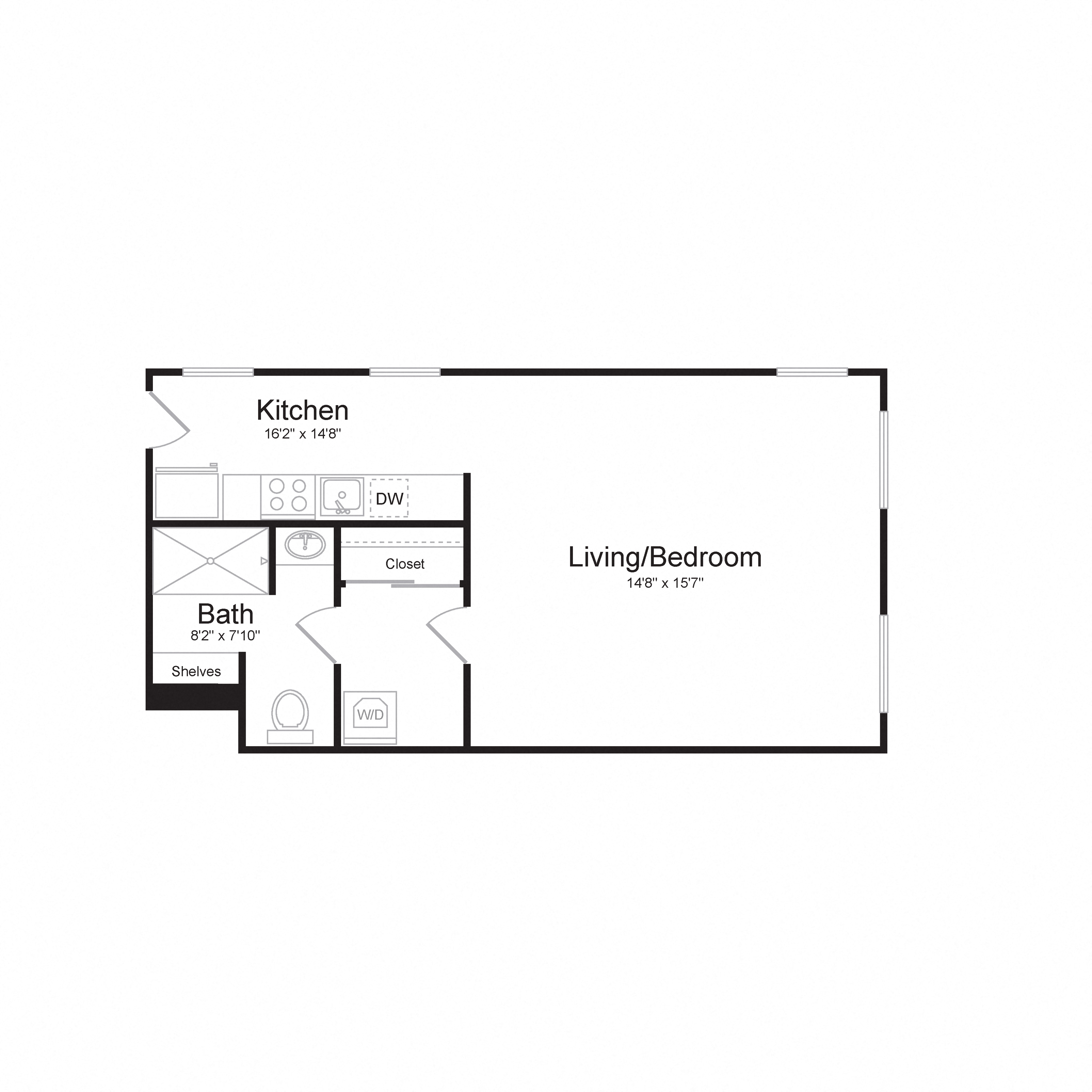 Floor plan for studio, 1 bath, 468 sqft