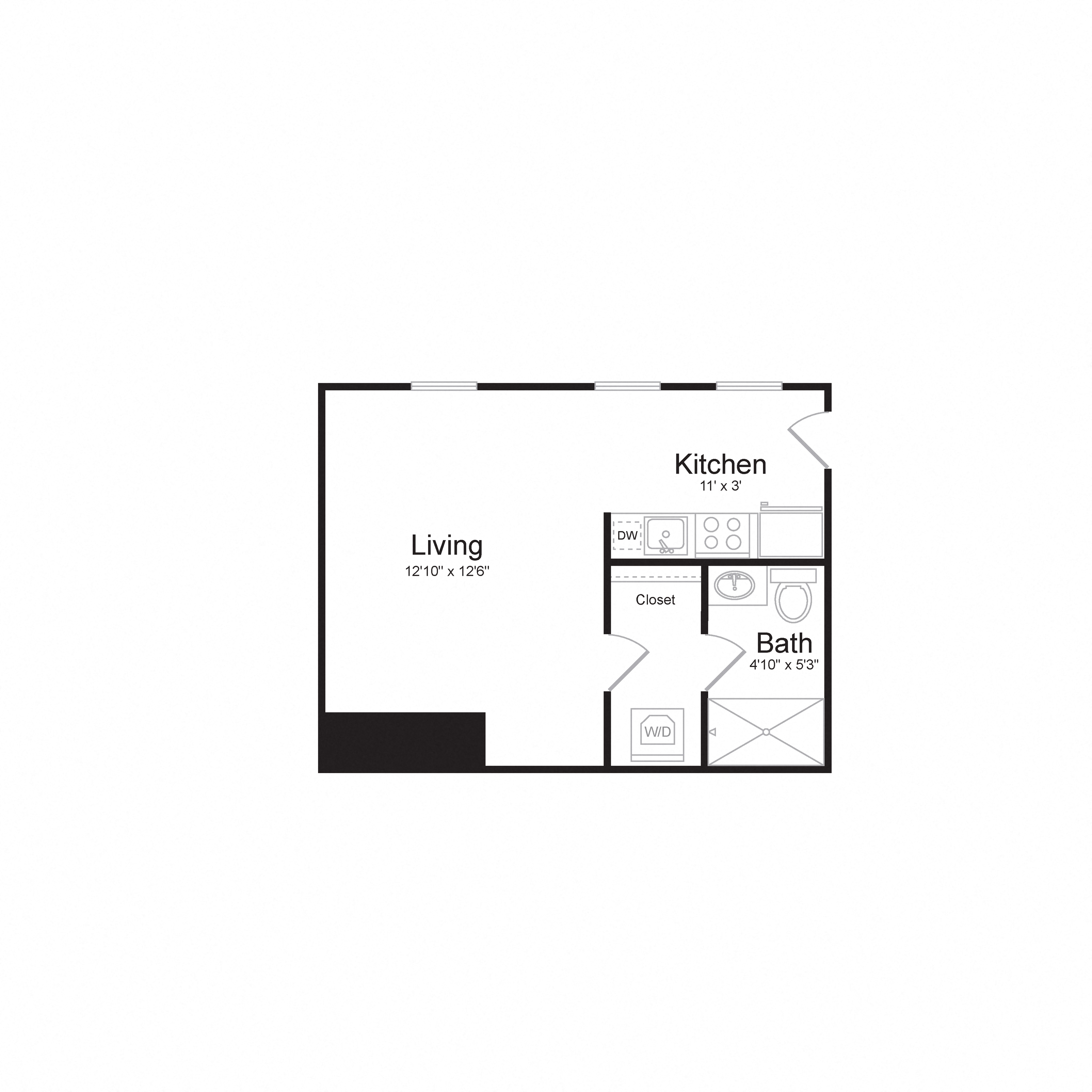 Floor plan for studio, 1 bath, 335 sqft