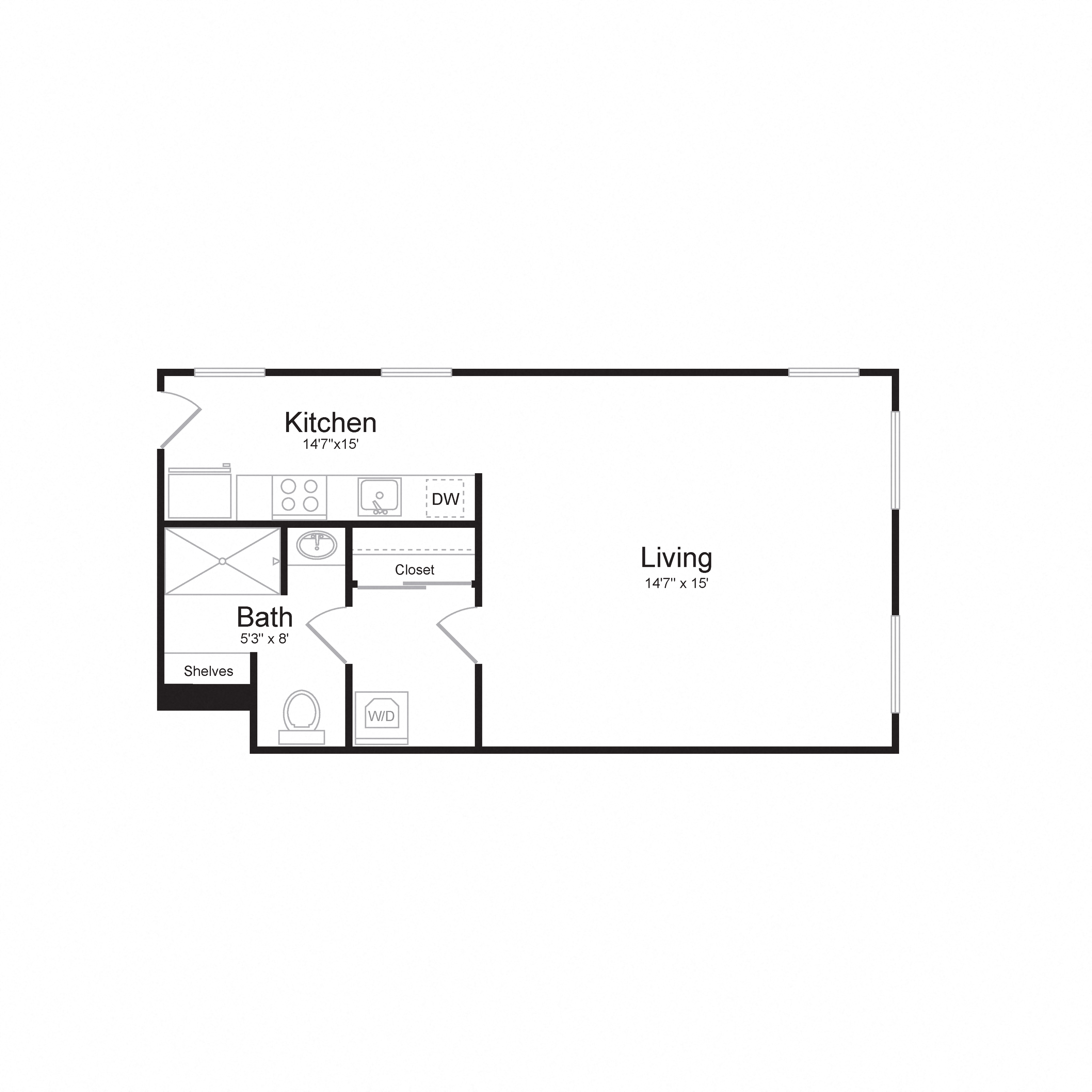 Floor plan for studio, 1 bath, 468 sqft