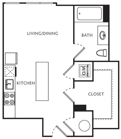 Floor plan for studio, 1 bath, 444 sqft