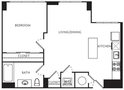 Floor plan for 1 bed, 1 bath, 576 sqft