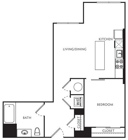 Floor plan for 1 bed, 1 bath, 575 sqft