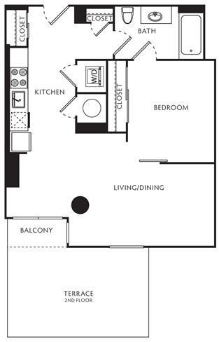 Floor plan for 1 bed, 1 bath, 591 sqft