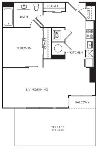 Floor plan for 1 bed, 1 bath, 621 sqft