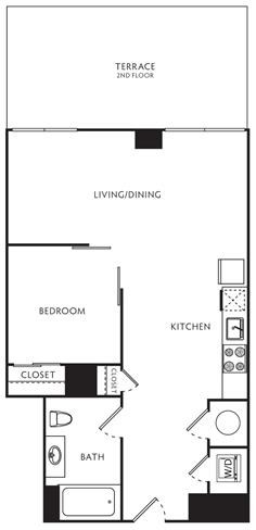 Floor plan for 1 bed, 1 bath, 593 sqft