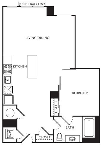 Floor plan for 1 bed, 1 bath, 608 sqft