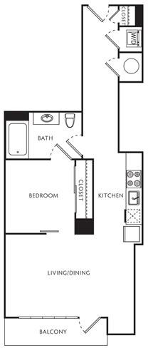 Floor plan for 1 bed, 1 bath, 557 sqft