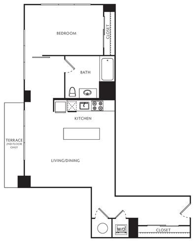 Floor plan for 1 bed, 1 bath, 858 sqft