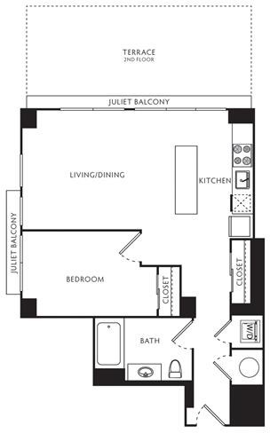 Floor plan for 1 bed, 1 bath, 627 sqft
