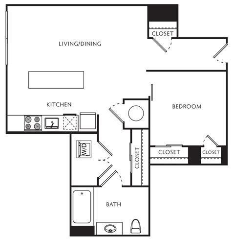 Floor plan for 1 bed, 1 bath, 614 sqft