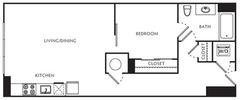 Floor plan for 1 bed, 1 bath, 589 sqft