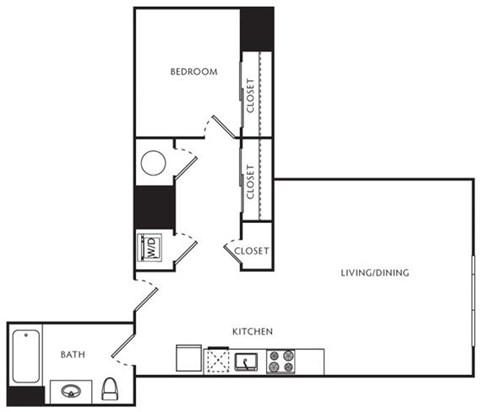 Floor plan for 1 bed, 1 bath, 667 sqft