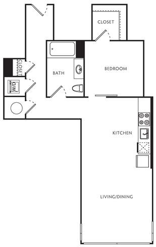 Floor plan for 1 bed, 1 bath, 645 sqft