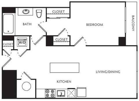 Floor plan for 1 bed, 1 bath, 657 sqft