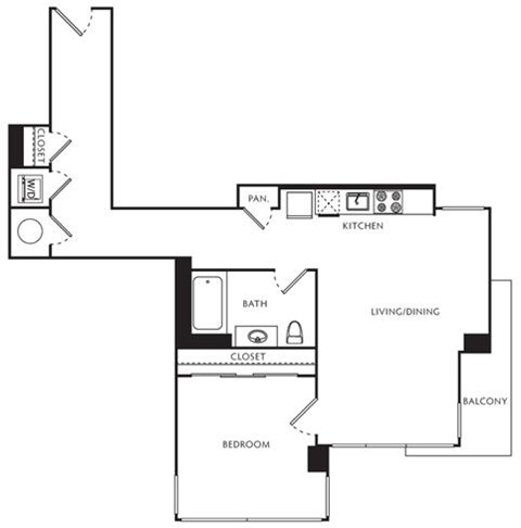 Floor plan for 1 bed, 1 bath, 735 sqft