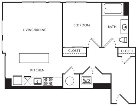 Floor plan for 1 bed, 1 bath, 660 sqft