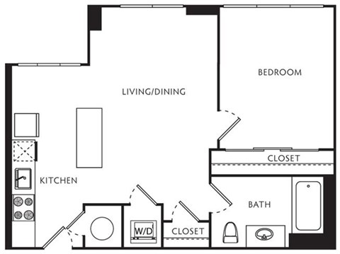 Floor plan for 1 bed, 1 bath, 594 sqft