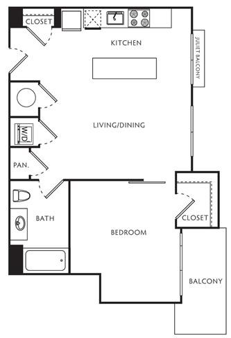 Floor plan for 1 bed, 1 bath, 594 sqft