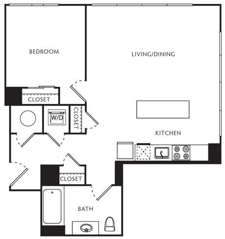 Floor plan for 1 bed, 1 bath, 668 sqft