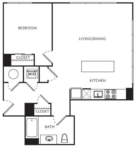 Floor plan for 1 bed, 1 bath, 753 sqft