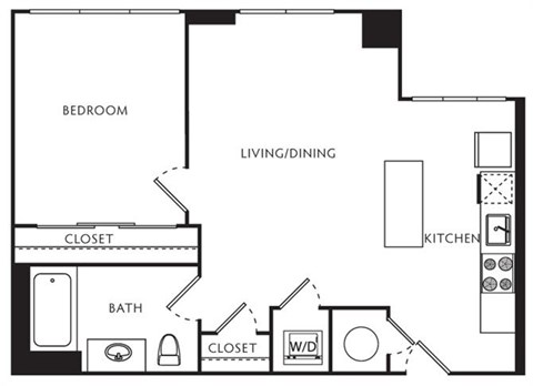 Floor plan for 1 bed, 1 bath, 589 sqft
