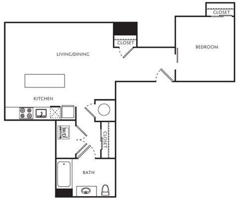 Floor plan for 1 bed, 1 bath, 591 sqft