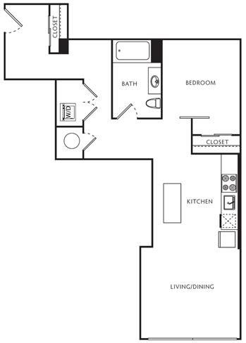 Floor plan for 1 bed, 1 bath, 697 sqft