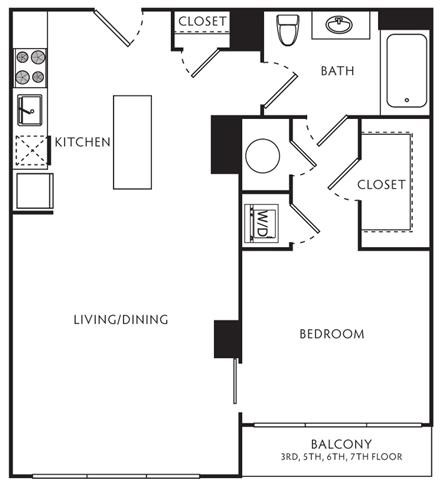 Floor plan for 1 bed, 1 bath, 625 sqft