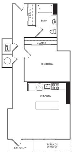 Floor plan for 1 bed, 1 bath, 655 sqft