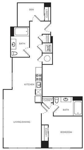 Floor plan for 1 bed, 2 baths, 841 sqft