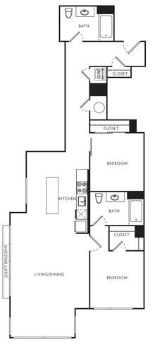 Floor plan for 2 beds, 2 baths, 1078 sqft
