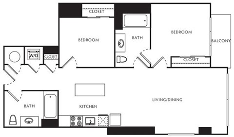 Floor plan for 2 beds, 2 baths, 831 sqft