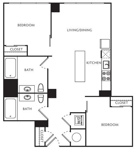 Floor plan for 2 beds, 2 baths, 773 sqft