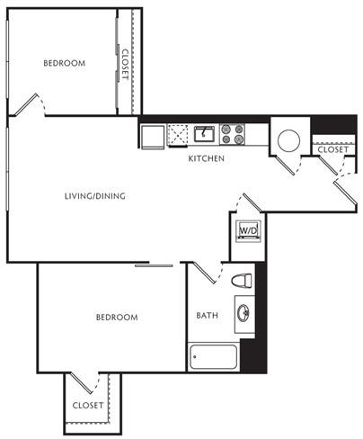 Floor plan for 2 beds, 1 bath, 739 sqft
