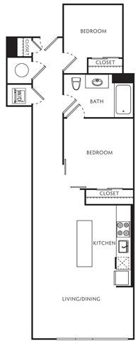Floor plan for 2 beds, 1 bath, 697 sqft