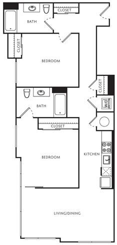 Floor plan for 2 beds, 2 baths, 991 sqft