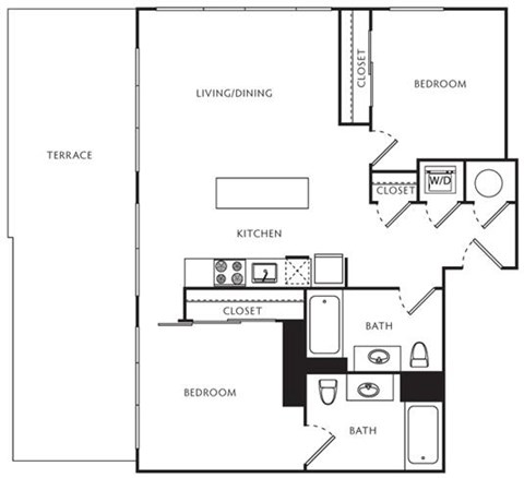 Floor plan for 2 beds, 2 baths, 866 sqft