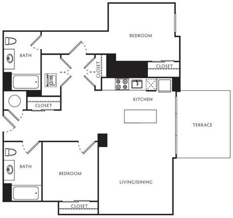 Floor plan for 2 beds, 2 baths, 911 sqft