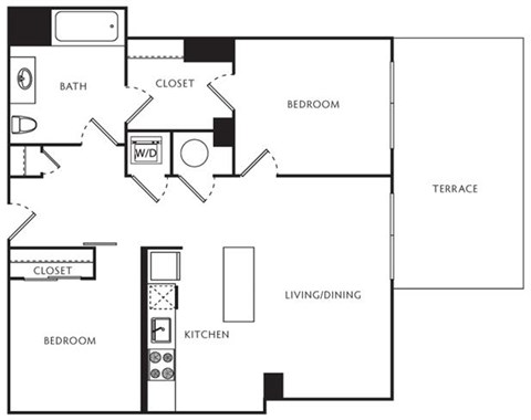 Floor plan for 2 beds, 1 bath, 781 sqft