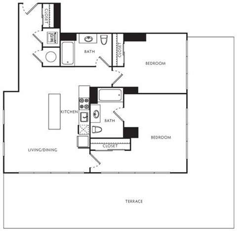 Floor plan for 2 beds, 2 baths, 971 sqft