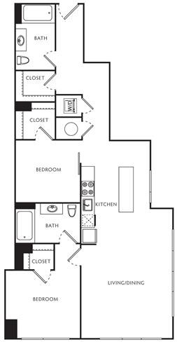 Floor plan for 2 beds, 2 baths, 976 sqft