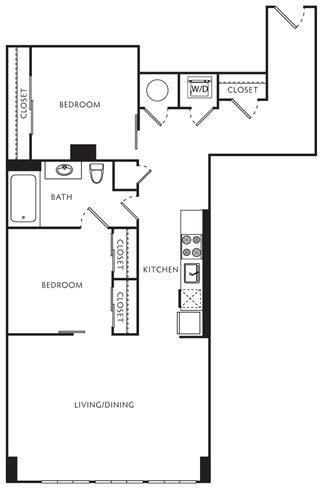 Floor plan for 2 beds, 1 bath, 867 sqft