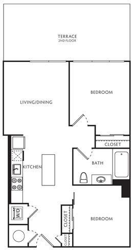 Floor plan for 2 beds, 1 bath, 673 sqft