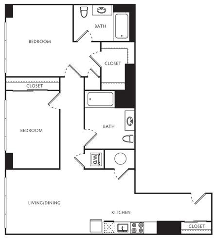 Floor plan for 2 beds, 2 baths, 949 sqft